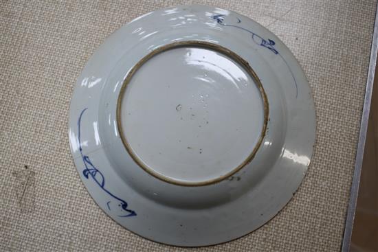 Two 18th century Chinese blue and white octagonal meat plates, 25cm and 31cm, a circular plate decorated with warriors, 25cm, another w